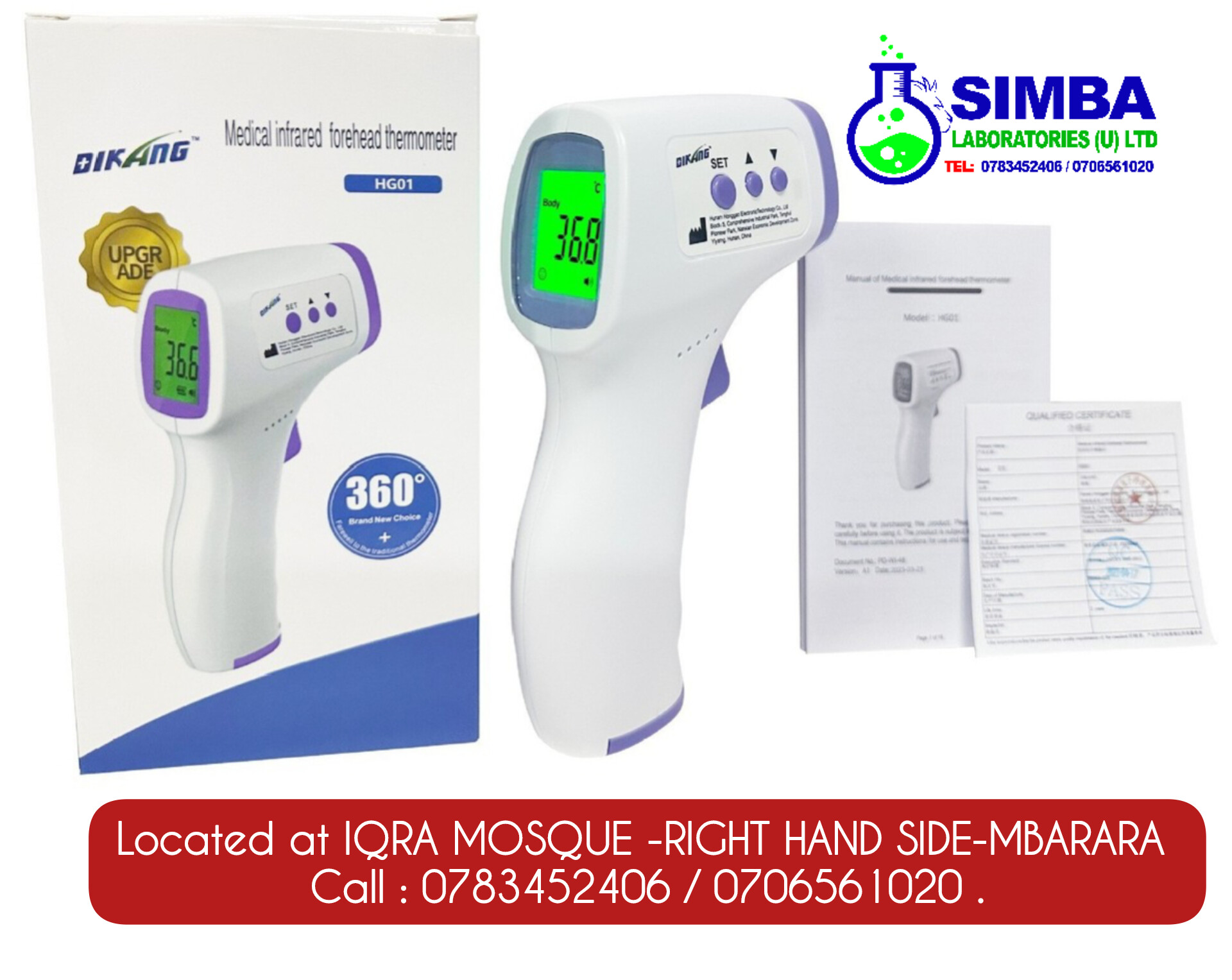 Digital infrared thermometer / Temperature gun at Simba Laboratories U Ltd 0783452406